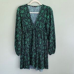 Zara Women’s Green and Black Floral Long Sleeve Mini Dress Size Medium